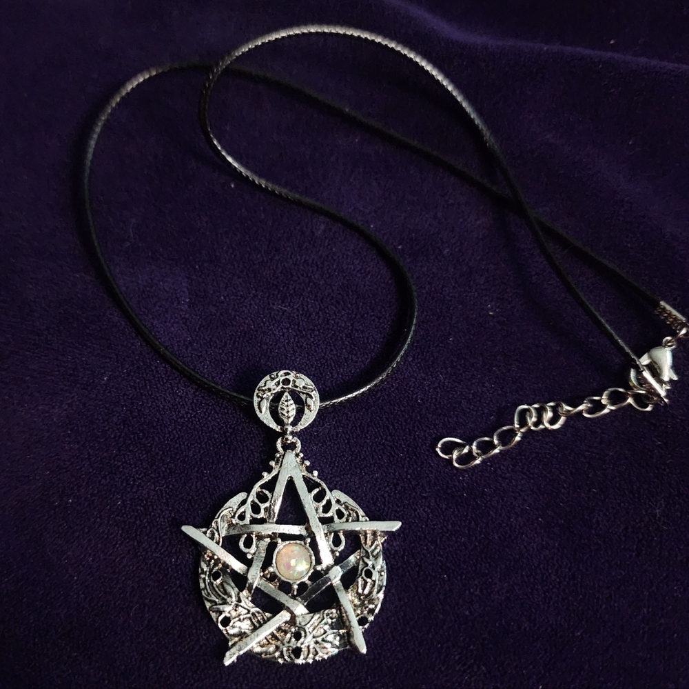 Silver Pentacle Pendant Necklace with Black Cord - Picture 1 of 7